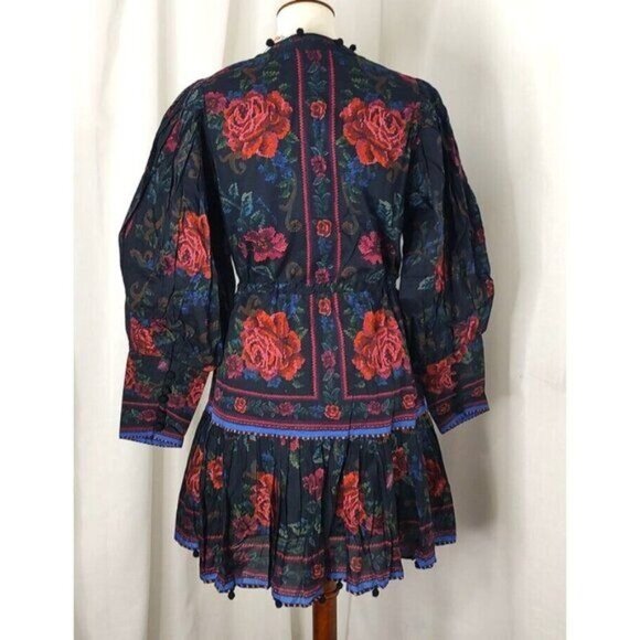 FARM Rio Mini Dress S Black Flower Tapestry Teal Floral Cottagecore Summer - Picture 9 of 16